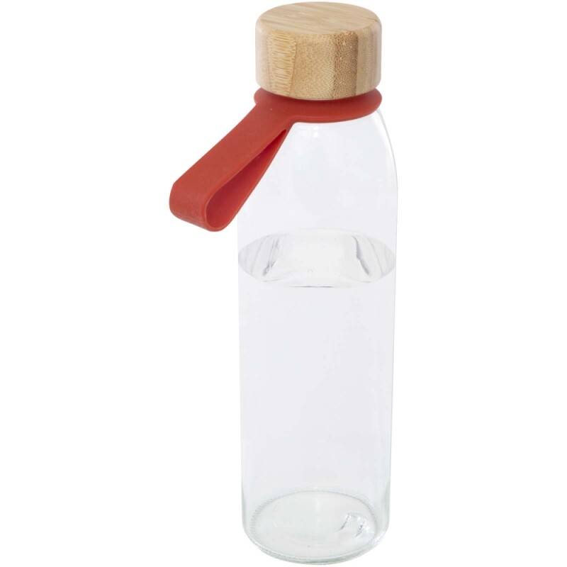 Skleněná láhev na vodu 500 ml se silikonovou rukojetí a bambusovým víčkem, středně oranžová