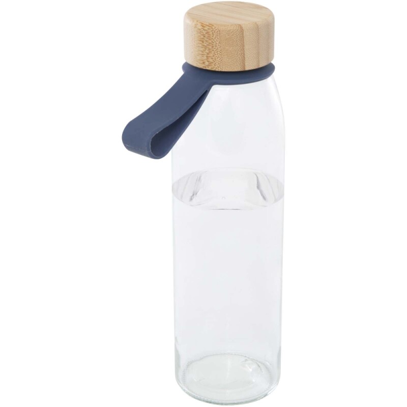 Skleněná láhev na vodu 500 ml se silikonovou rukojetí a bambusovým víčkem, tmavě tyrkysová