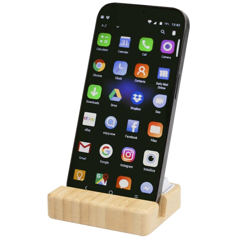 Stojan na telefon a antistresová hračka z recyklovaného plastu s bambusovými detaily, hnědá
