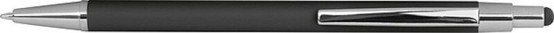 Tenká kovová propiska s pogumovaným povrchem, stylusem a modrou n., černá