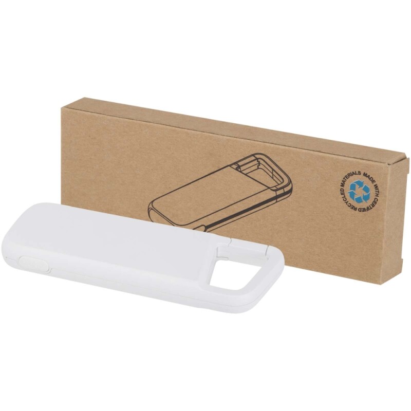 Voděodolná powerbanka z recyklovaného plastu s karabinou, kapacita 5000 mAh, 12 W, bílá