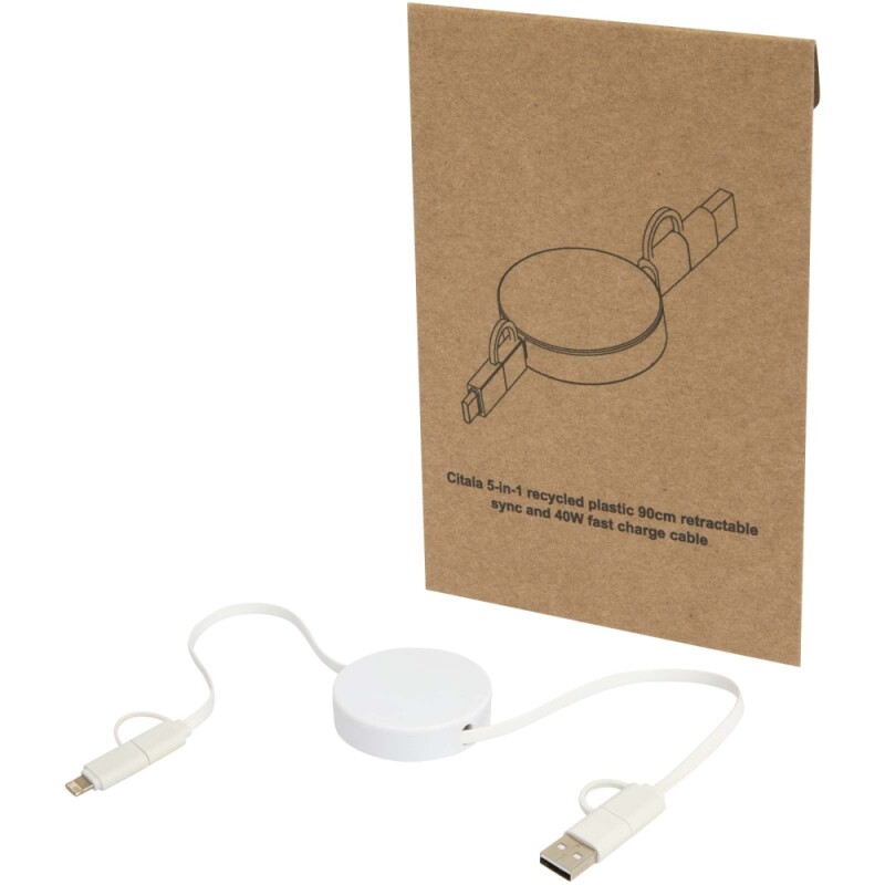 Vysouvací datový synchronizační a rychlonabíjecí 40W kabel 5 v 1 z recyklovaného plastu o délce 90 cm, bílá