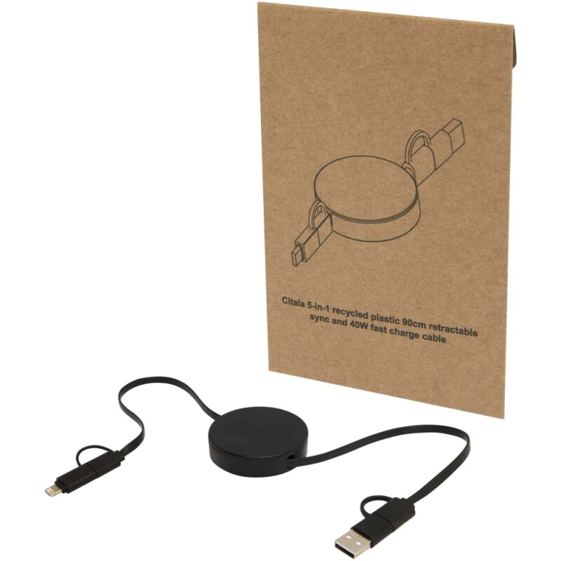 Vysouvací datový synchronizační a rychlonabíjecí 40W kabel 5 v 1 z recyklovaného plastu o délce 90 cm, černá