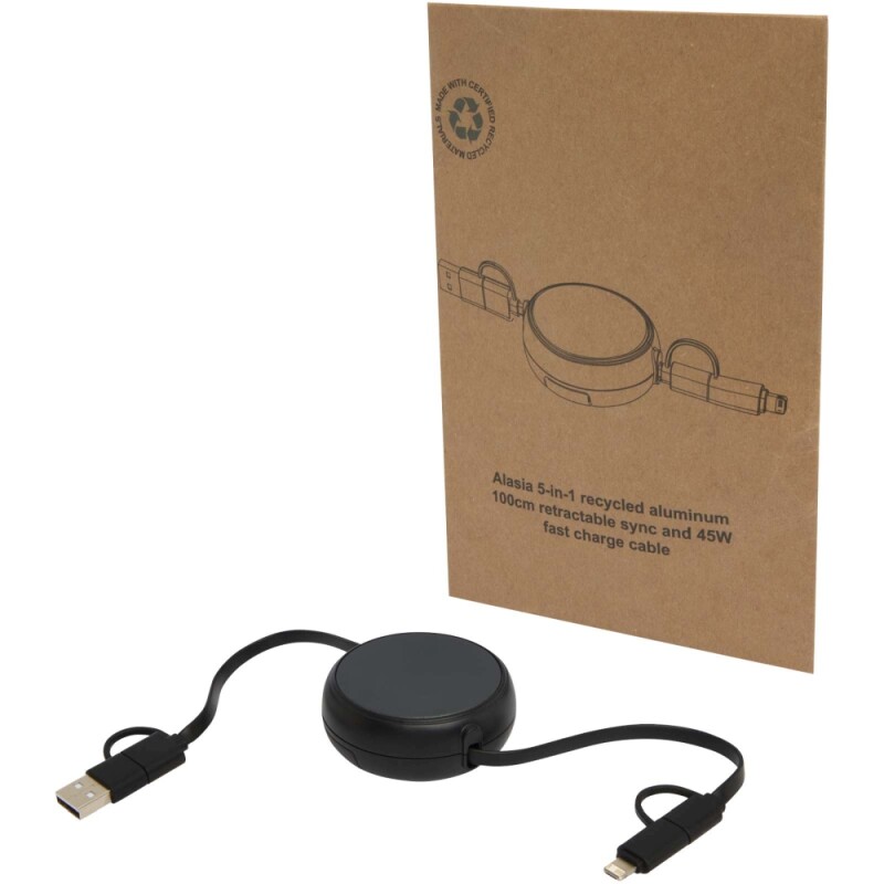 Vysouvací datový synchronizační a rychlonabíjecí 45W kabel 5 v 1 o délce 100 cm z recyklovaného plastu a hliníku, černá
