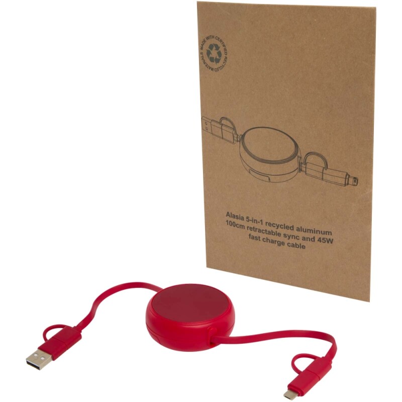 Vysouvací datový synchronizační a rychlonabíjecí 45W kabel 5 v 1 o délce 100 cm z recyklovaného plastu a hliníku, červená