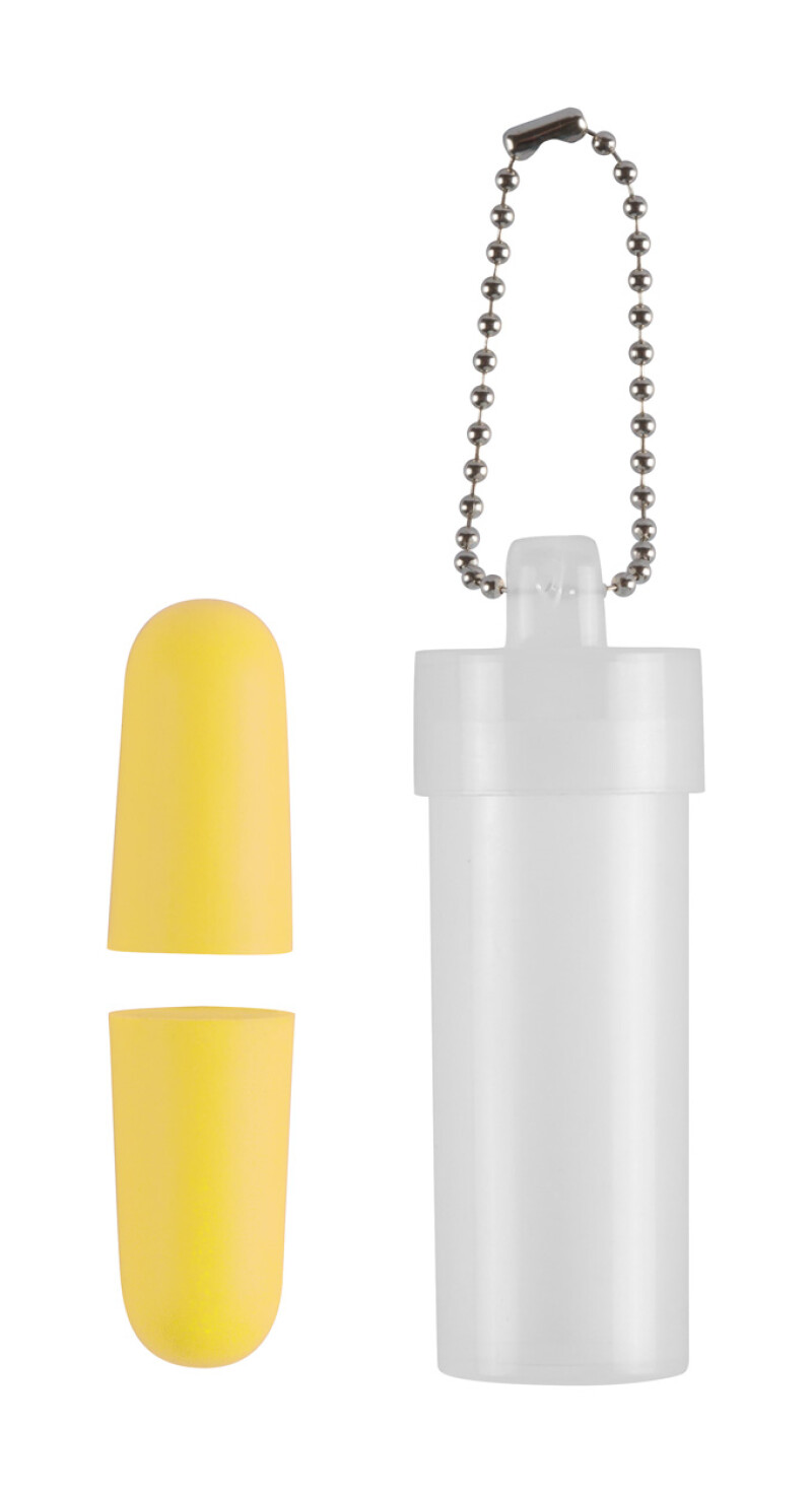 Žluté špunty do uší v plastové krabičce