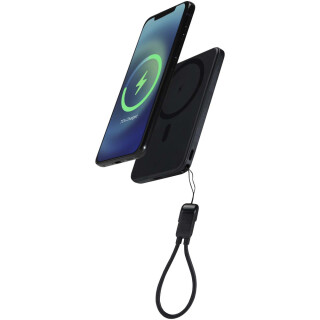 Magnetická powerbanka Smart 5000 mAh z recyklovaného plastu s pútkom, čierna