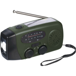 Tmavozelené núdzové rádio z recyklovaných materiálov s powerbankou a solárnym nabíjaním