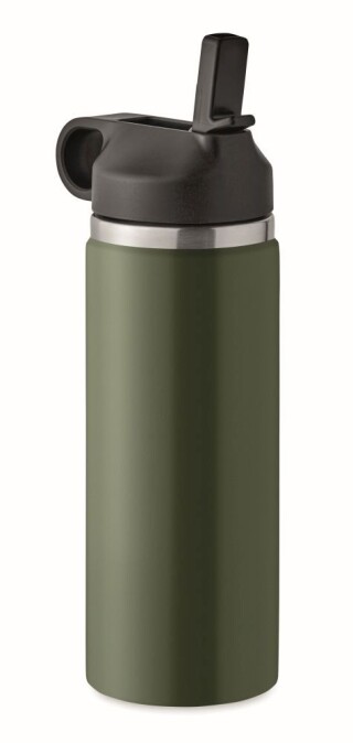 Dvoustěnná láhev na pití z recyklované nerezové oceli s integrovaným brčkem, 500ml, tmavě zelená