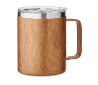 Nerezový dvoustěnný termohrnek v dřevěném vzhledu, 300ml, plastové víčko