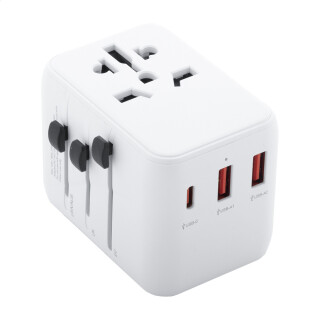 Cestovný adaptér bielej farby s USB a USB-C portami