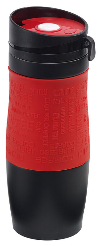 Černý nerezový termohrnek 380ml, s červeným rukávem