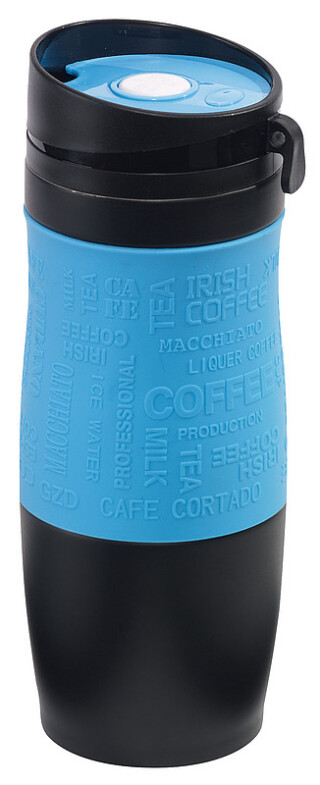 Černý nerezový termohrnek 380ml, s modrým rukávem