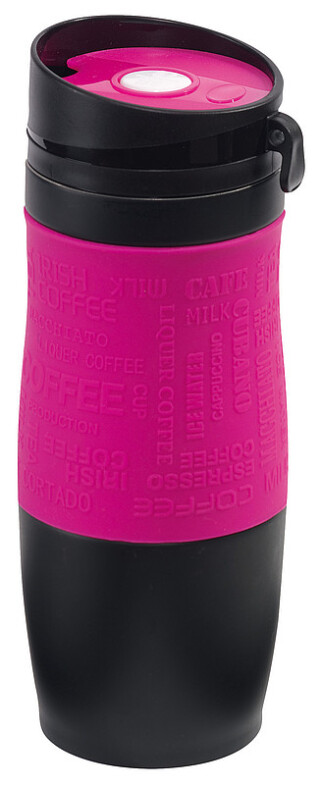 Černý nerezový termohrnek 380ml, s růžovým rukávem