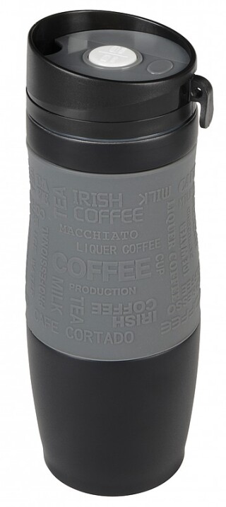 Černý nerezový termohrnek 380ml, s šedým rukávem