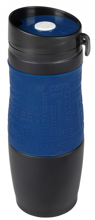 Černý nerezový termohrnek 380ml, s tmavě modrým rukávem