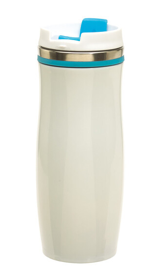 GAMA Bílý nerezový termohrnek s barevným pruhem, 400 ml, světle modrá