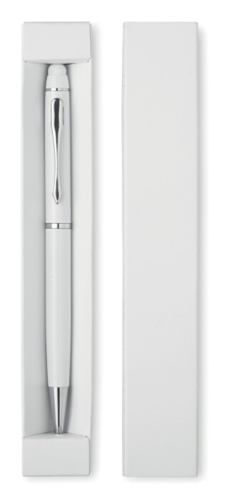 Hliníková propiska se stylusem, v krabičce, bílá