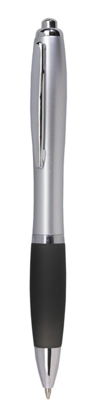 Plastová propiska se stříbrným tělem s barevným proužkem, d. 14 cm, černá
