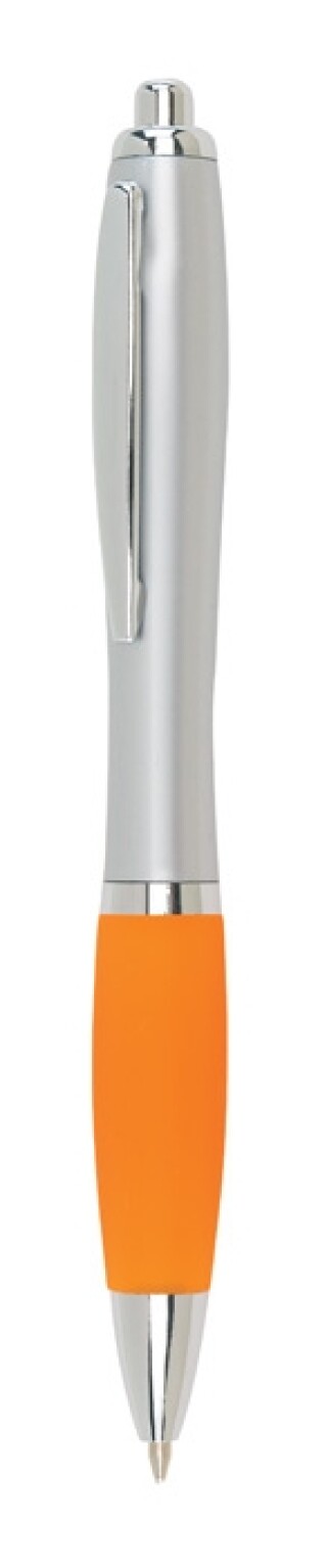 Plastová propiska se stříbrným tělem s barevným proužkem, d. 14 cm, oranžová