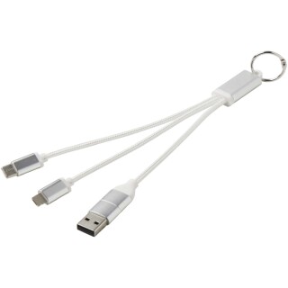 Nabíjecí kabel 4v1 z recyklovaného hliníku s klíčenkou, stříbrný