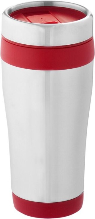 Nerezový termohrnek s plastovým vnitřkem, objem 470 ml, stříbrná/červená