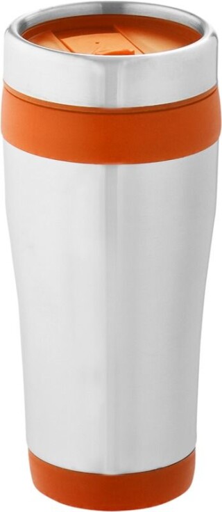 Nerezový termohrnek s plastovým vnitřkem, objem 470 ml, stříbrná/oranžová