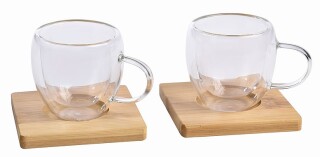 AVENA Sada dvou skleněných dvoustěnných šálků s bambusovými podtácky, 100 ml