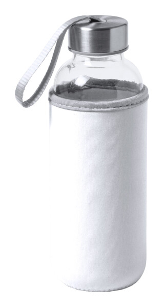 Skleněná láhev na pití, 420ml, bílý neoprenový rukáv