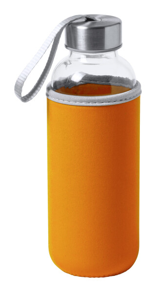 Skleněná láhev na pití, 420ml,oranžový neoprenový rukáv