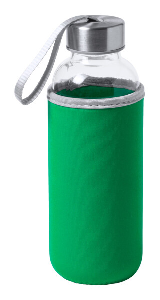 Skleněná láhev na pití, 420ml, zelený neoprenový rukáv