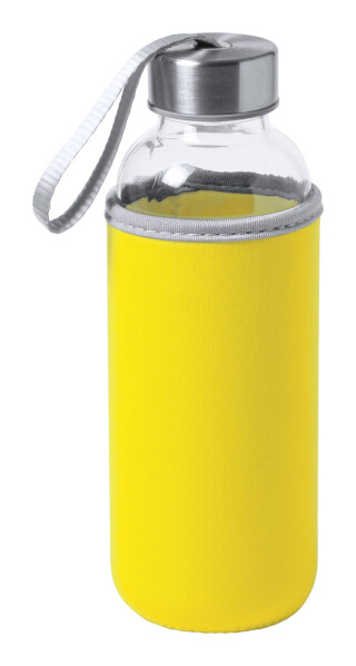Skleněná láhev na pití, 420ml, žlutý neoprenový rukáv