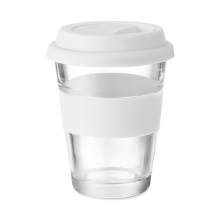 Skleněný hrnek se silikonovým víčkem a kroužkem, 350ml, bílá