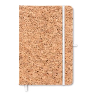 Zápisník A5 linkovaný s korkovými deskami, poutko na tužku a elastická gumička pro zavírání je bílá
